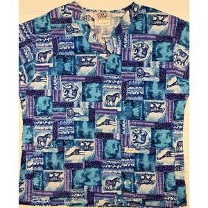 Crest Cotton Safari Animal Print Scrub Top Women’s M Blue V-Neck Pocket Nurse